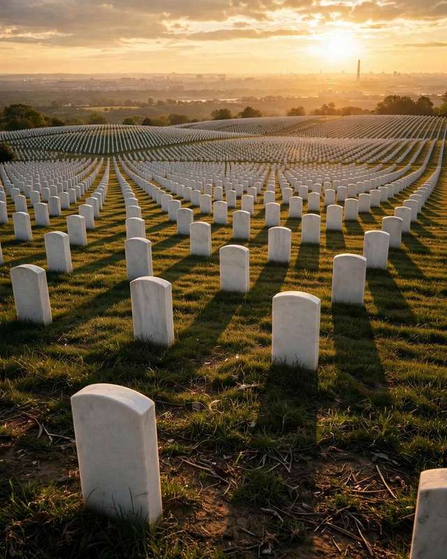Rows of white military headstones beneath a golden sky